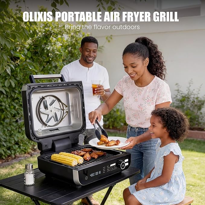 OLIXIS Electric Grill Outdoor/Indoor 8-in-1 Multifunctional Large Electric BBQ Grill for Air Fry Bake Roast Steak Broil and Dehydrate Safe Non-Stick Coating Fry Basket Included