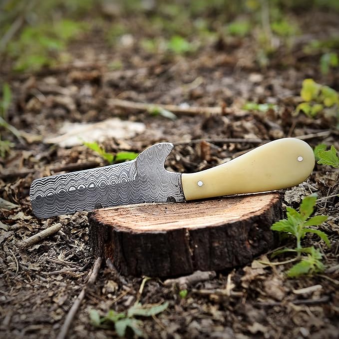 Damascus Steel Knife with Bone Handle Custom Handcrafted Hunting and Survival Knife Full Tang Blade with Leather Sheath - Outdoor Camping EDC and Bushcraft Tool