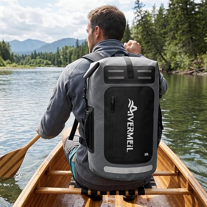 Dry Bag Waterproof Backpack 35L for Men &amp Women Roll-Top Hiking Backpack with IPX8 Waterproof Phone Case &amp Detachable Mini Backpack for Kayaking Boating Cushioned Padded Back Grey
