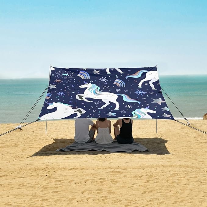 ALAZA Repeating White Unicorns Rainbows Pattern Beach Tent Sun Shelter Portable Canopy Sunshade for Outdoor Camping Picnics Backyard Fun 10x9 ft