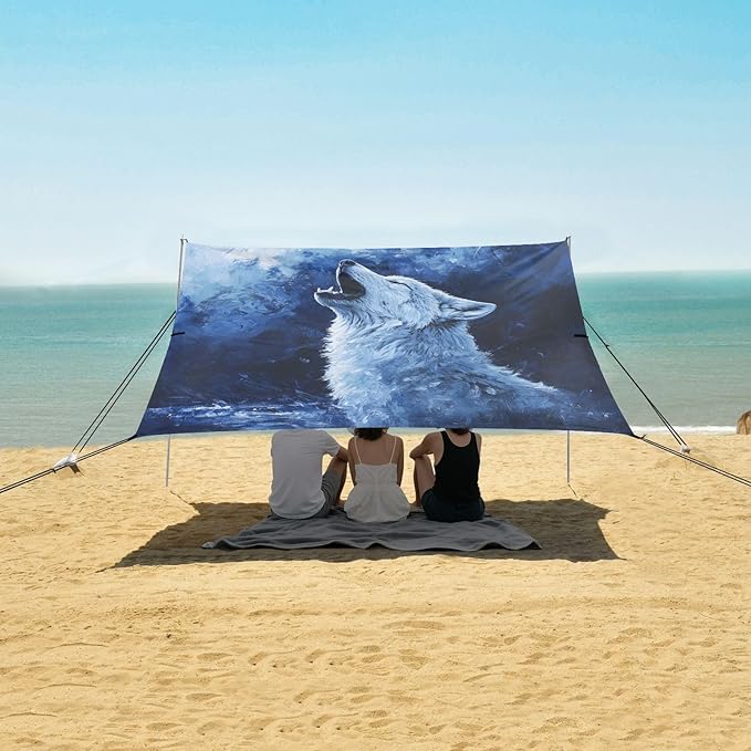 ALAZA Wolf Howling at Night Beach Tent Sun Shelter UPF50+ Protection Beach Shade Canopy w/ 4 Sandbags for Outdoor Camping Fishing Backyard Fun Picnic 10x9 ft