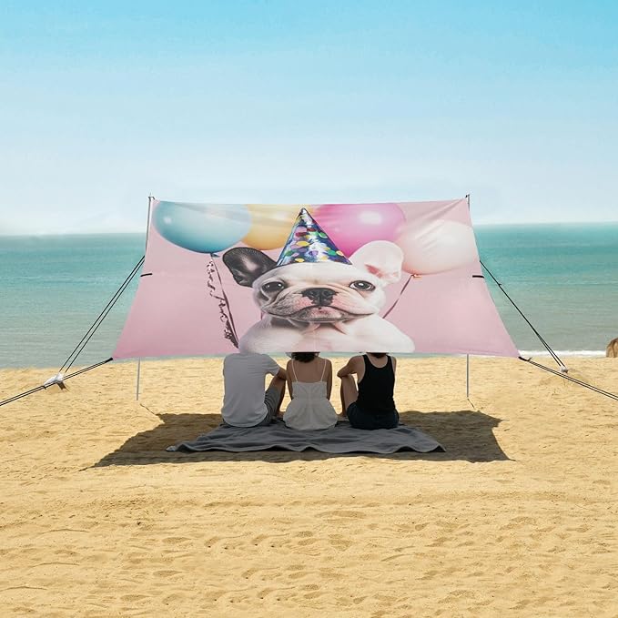 ALAZA French Bulldog Puppy Wearing Party Cap Holds Balloon Beach Tent Sun Shelter Portable Canopy Sunshade for Outdoor Camping Picnics Backyard Fun 10x9 ft