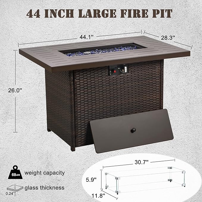 Propane Fire Pit Table44 Inch 55000 BTU Outdoor Gas Fire Pit Rectangular with Glass Wind Guard for Outside Patio Deck (Brown-Aluminum Top)
