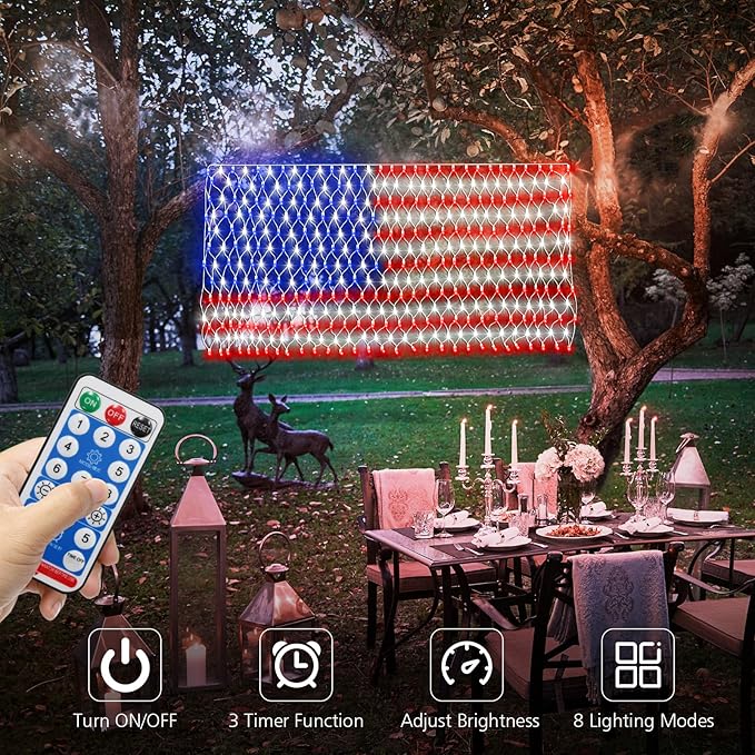 DBFAIRY Solar American Flag Lights Outdoor420 LEDs American Flag Net Lights 6.5ft x 3.28ft Super BrightMemorial Day Decorations of The United States for Independence/National/Memorial DayJuly 4th