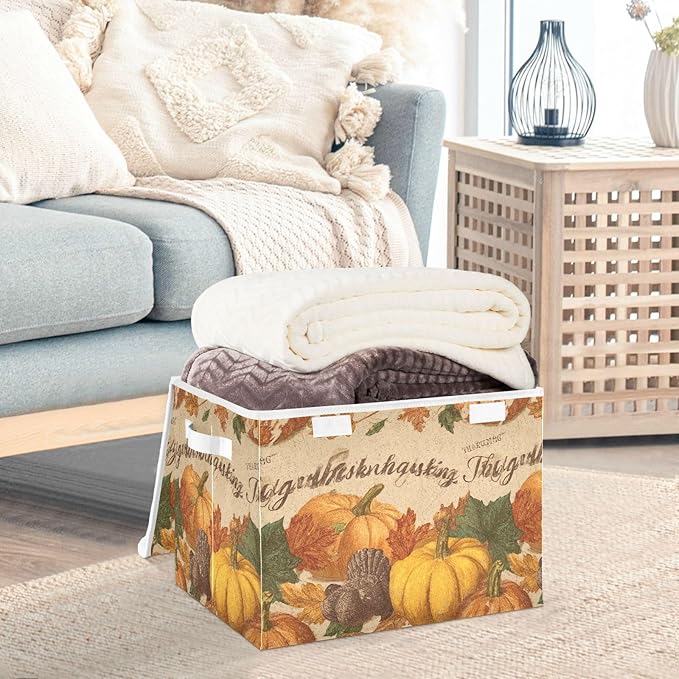 Collapsible Storage Bins with Lids Decorative Fabric Storage Cubes Closet Organizer and Storage Basket Boxes Containers for Clothes Box Chest Nursery Folding Rectangle Brown Pumpkin Turkey
