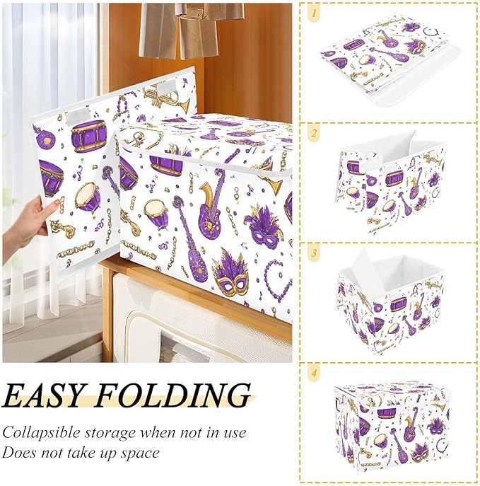 Purple Mask Instrument Shrove Tuesday Storage Box with Lid 1 PC Foldable Storage Bin with Lids Stackable Storage Bins Cube Closet Organizer Basket with Flip-Top Lid &amp Handles for Shoes Book