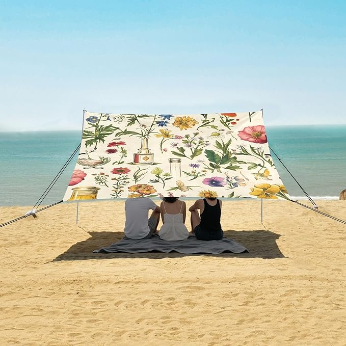 Flowers Leafs Beach Tent UPF50+ Protection Water-Resistant Large Portable Sun Shelter with Sandbags &amp Sand Shovel for Family Trips Picnics &amp Camping