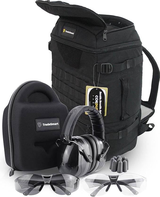 TradeSmart Range Backpack for Handguns Ammo &amp Shooting Gear with 3 Lockable Compartments Ear &amp Eye Protection Kit Optional