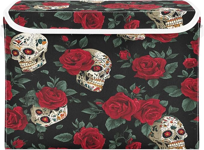 Storage Bins With Lid Stackable Fabric Closet Organizer Clothing Storage Large Boxes For Closet Shelves Bedroom Black Skulls Roses Elegant Edgy