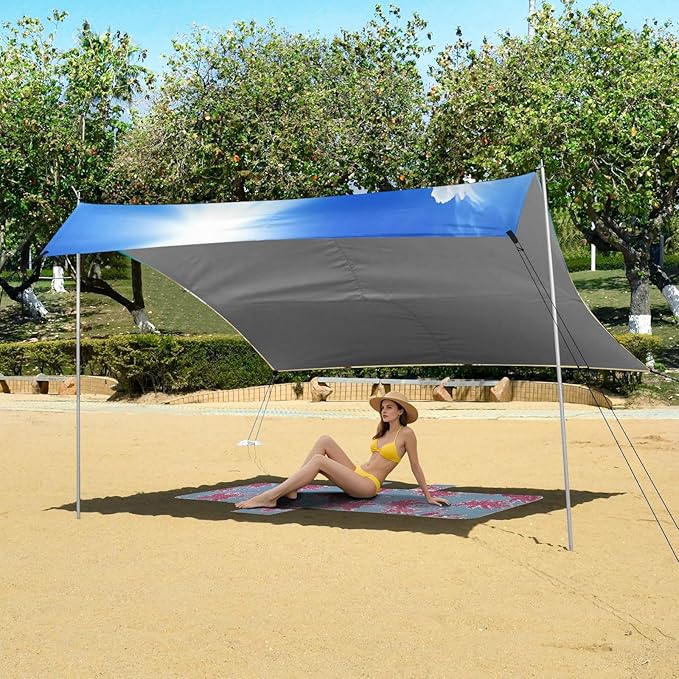 xigua Beach Beach Tent Sun Shelter with Carrying Bag - Silver Coated Oxford Fabric Beach Canopy for Beach Camping Fishing - Includes Windproof Ropes Sandbags &amp Stakes