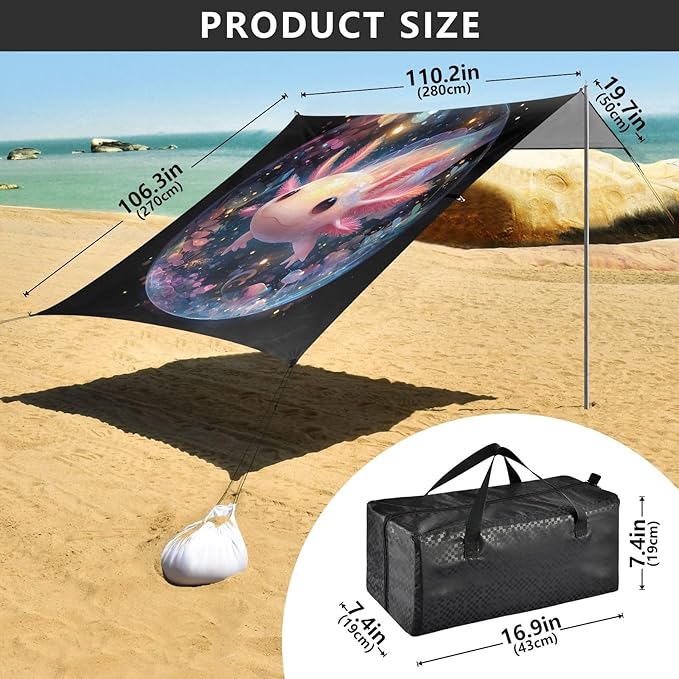 ALAZA Cute Axolotl Salamander Beach Tent Sun Shelter UPF50+ Protection Beach Shade Canopy w/ 4 Sandbags for Outdoor Camping Fishing Backyard Fun Picnic 10x9 ft