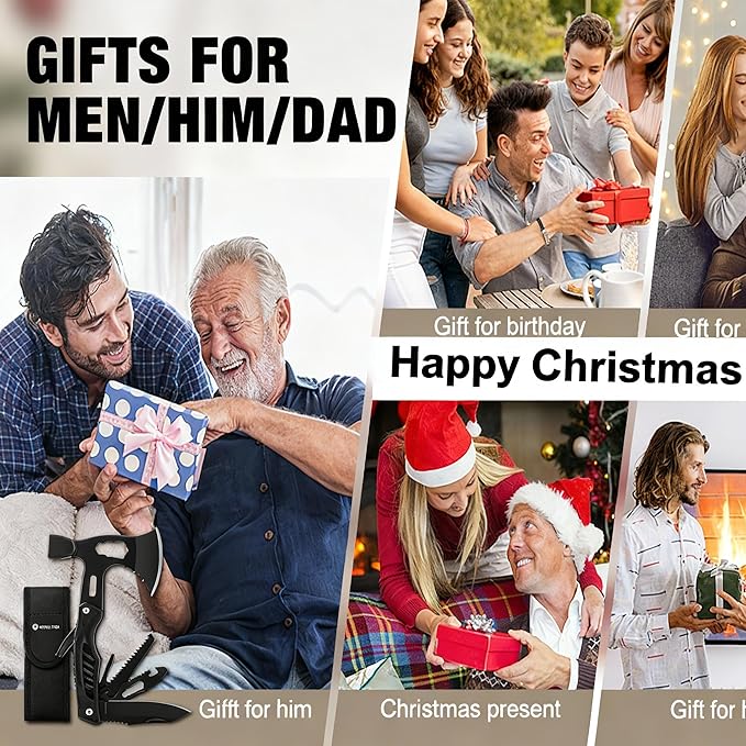 Stocking Stuffers for Adults Men - Gifts for Dad from Daughter Wife 22 in 1 Hardened Stainless Steel Camping Multitool Hammer Hatchet Upgrad Portable Camp Axe Screwdriver Set with Nylon Sheath