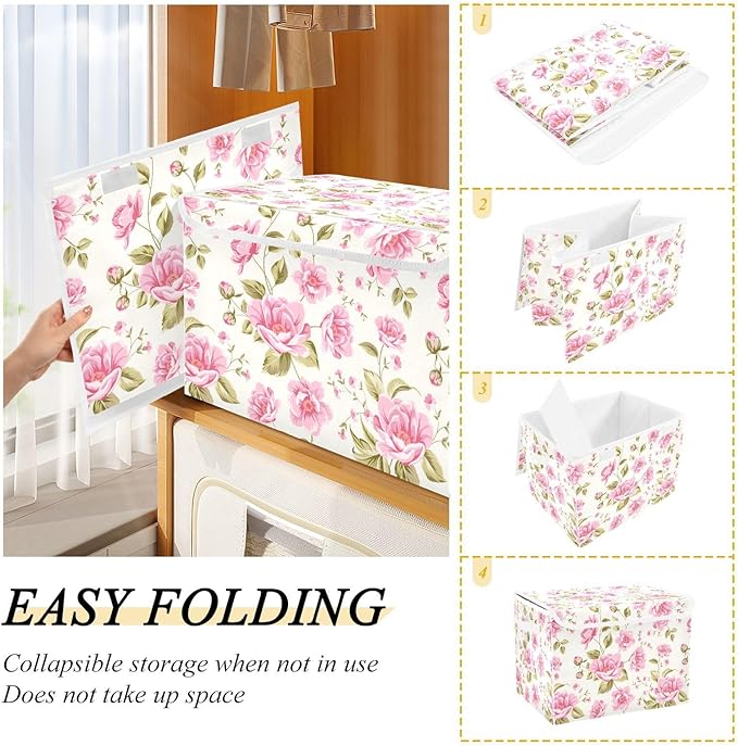 Storage Box Rose Flower Floral Closet Storage Bins with Lids Foldable Oxford Fabric Storage Box for Home Bedroom Closet Office (16.5x12.6x11.8 in)