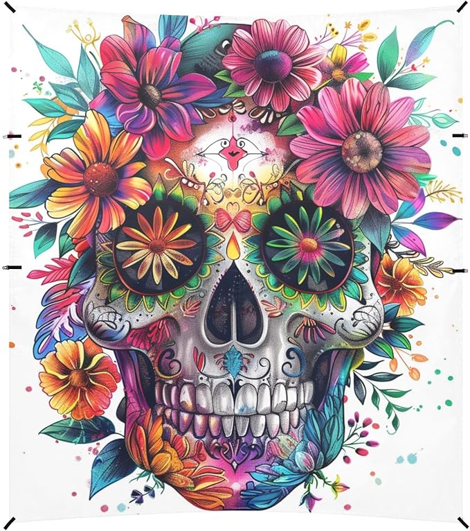 ALAZA Colorful Human Skull Mexican Floral Tattoo Beach Tent Sun Shelter Portable Canopy Sunshade for Outdoor Camping Picnics Backyard Fun 10x9 ft