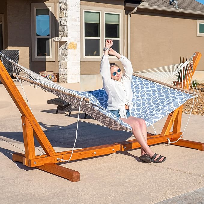 SUNCREAT Freestanding Hammocks with Stands Included Double Quilted Hammock with Frame 475 lbs Capacity Gray Pattern