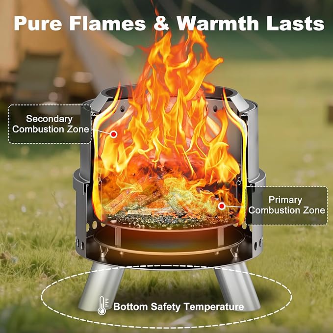 Smokeless Fire Pit with Waterproof Bag 15 Inch Stainless Steel Fire Pits for Outside Wood Burning Smokeless Firepit Outdoor Bonfire Removable Ash Pan Portable for Camping Backyard