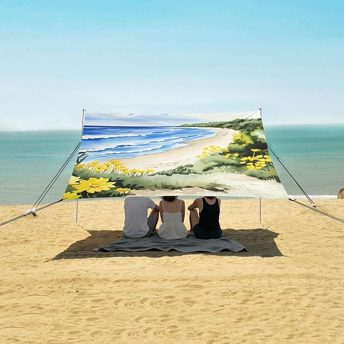 Beach Canopy with Windproof Ropes &amp Sandbags Beach Tent Sun Shade Sun Shelter for Camping Trips Fishing Backyard Fun or Picnics Beach