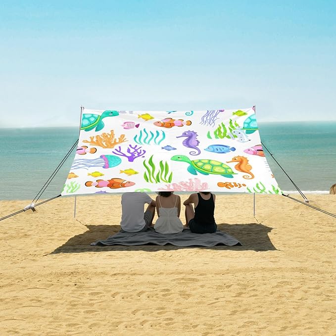 xigua Cute Turtles Beach Tent Sun Shelter with Carrying Bag - Silver Coated Oxford Fabric Beach Canopy for Beach Camping Fishing - Includes Windproof Ropes Sandbags &amp Stakes