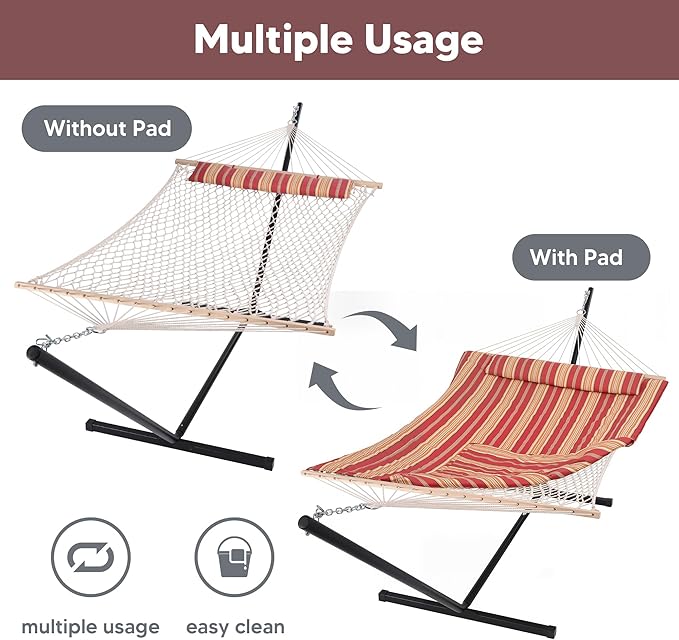 SUNCREAT Hammocks Portable Hammock with Stand Hammock with Stand 2 Person Heavy Duty for Bedroom Backyard Patio Balcony Red Stripe