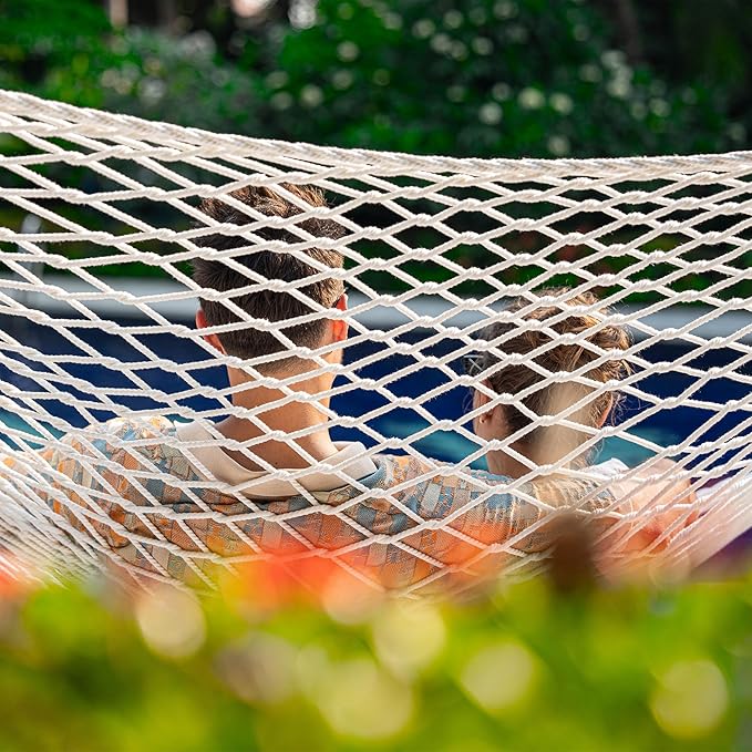 Lazy Daze Hammocks 12FT Double Rope Hammocks 2 Person Hand Woven Cotton Hammock with Spreader Bar for Outside Patio Poolside FIT 13-15 FT Stand Max 450 Lbs Natural 141 x 57 inches