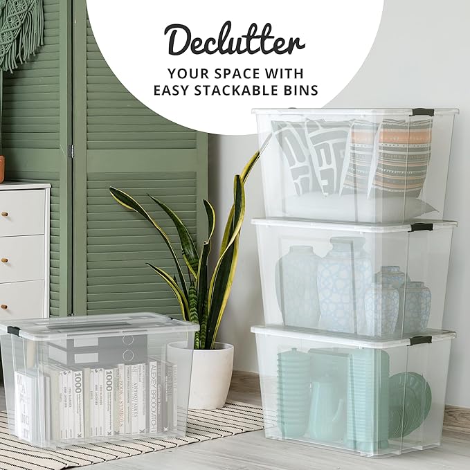 Lifetime Appliance Parts 4 PACK 97 Qt. Plastic Storage Bin Tote Organizing Container with Ultra Durable Lid &amp Secure Latching Buckles Stackable Extra Strength Clear w/Black Handle