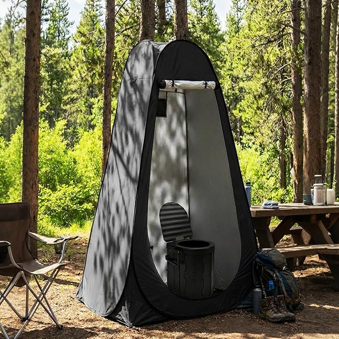 Portable Camping Toilet with Privacy Tent - Foldable Toilet Set for Adults and Elderly - Pop Up Outdoor Restroom for Travel Hiking RV Truck Trailer (Black)