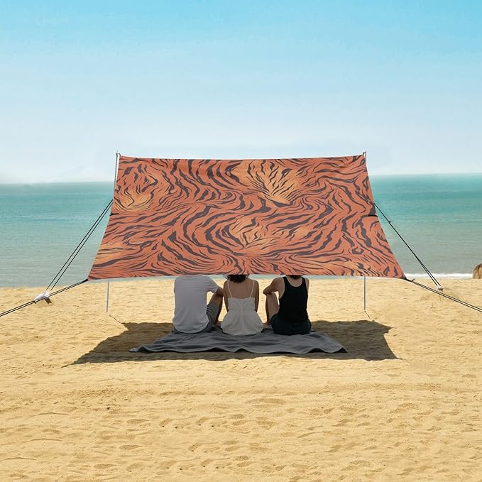 Tigers Print Style DarkRed Beach Cabana Tent UPF50+ Protection Lightweight Sun Shelter Includes Sand Shovel Sandbags Stability Poles for Camping Trips Fishing Backyard Fun or Picnics