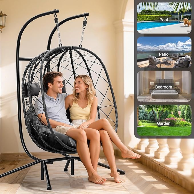 CHABATREE Double Egg Swing Chair with Stand - 2 Person Outdoor Patio Hanging Wicker Hammock Chair with Cushion Dark Grey for Garden Lawn Bedroom Indoor/Outdoor Use