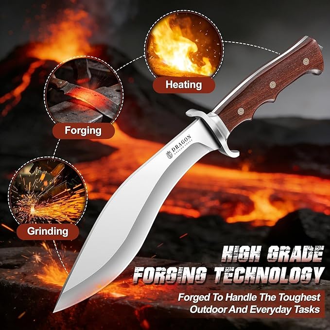 Dragon Creek Fixed Blade Knife - Kukri Knife with Wooden Handle Leather Sheath for Fishing Camping Survival Men Gift