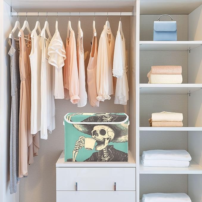 Storage Cube with Lid Skeleton Cowboy Print 16.5×12.6×11.8 IN Collapsible Large Capacity Foldable Storage Basket Bin Organizer