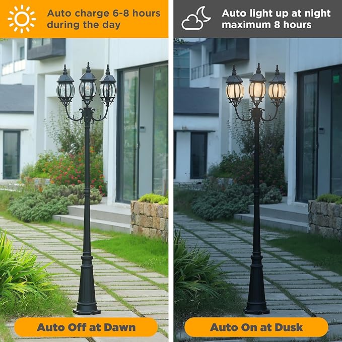 LUTEC Outdoor Solar Post Light with Triple-Head Dusk to Dawn Lamp Post for Lawn Pathway Garden Black Aluminium Vintage Street Light with Clear Glass Panels (Bulbs Included)