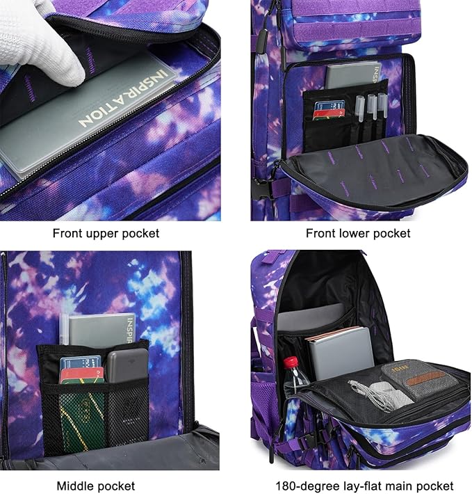 45L Military Tactical Backpack for Men &amp Women Bug Out Bag Assault pack Molle Daypack Hiking Trekking Rucksack (2.0 side pockets (purple tie-dye)