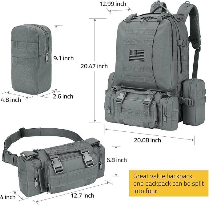 CVLIFE Tactical Backpack Military Army Rucksack 60L Large Assault Pack Detachable Molle Bag Grey