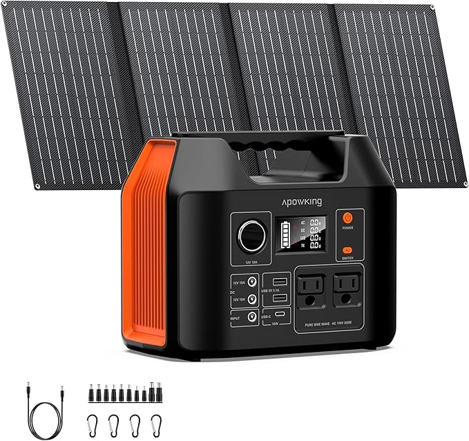 Solar Powered Generator 300W Portable Power Station with Solar Panel 40W Included 110V Pure Sine Wave 256Wh LiFePO4 Battery Pack with AC Outlet for Camping Home Emergency Traveling RV Trip