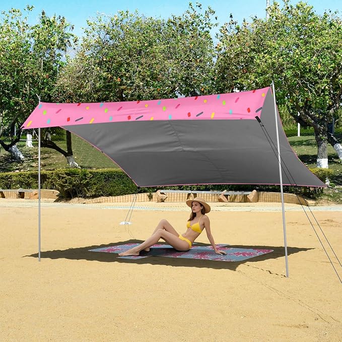 xigua Confetti Sprinkles Beach Tent Sun Shelter with Carrying Bag - Silver Coated Oxford Fabric Beach Canopy for Beach Camping Fishing - Includes Windproof Ropes Sandbags &amp Stakes
