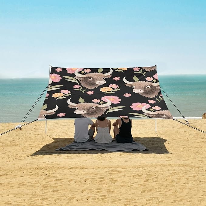 ALAZA Cute Yak Flowers Beach Tent Sun Shelter UPF50+ Protection Beach Shade Canopy w/ 4 Sandbags for Outdoor Camping Fishing Backyard Fun Picnic 10x9 ft