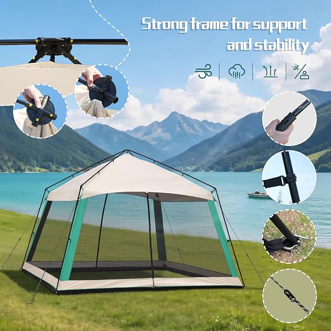 12 x 12 FT Camping Screen Tent for 8-10 Person Easy Setup Screen House with UV 50+ Sun Protection &amp Mosquito Net for Camping Backyard Picnic Patio Outdoor Beige &amp Cyan