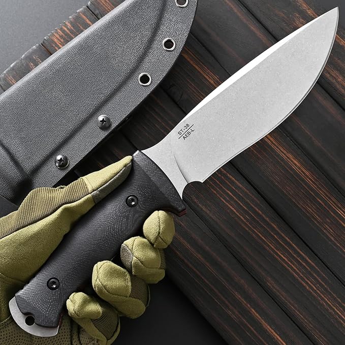 Sitivien ST38 Fixed Blade Knife AEB-L Stonewashed Steel Blade G10 Handle Full Tang Knife with Sheath for Outdoor Camping Hiking Working Survival (Silver)