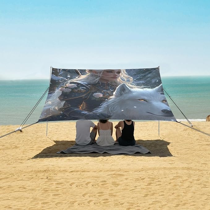 Game Anime Winter Playroom Wolf Beach Cabana Tent UPF50+ Water-Resistant Portable Sun Shelter with Sand Shovel for Family Trips Picnics &amp Camping