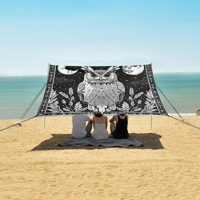 ALAZA Owl Moon Mysticism Beach Tent Sun Shelter UPF50+ Protection Beach Shade Canopy w/ 4 Sandbags for Outdoor Camping Fishing Backyard Fun Picnic 10x9 ft