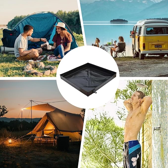Camping Shower Mat 41x41'' Collapsible Shower Base with Wrapped Edges Rapid Drainage Waterproof Pan with Heavy Duty Bottom for Outdoor Camping