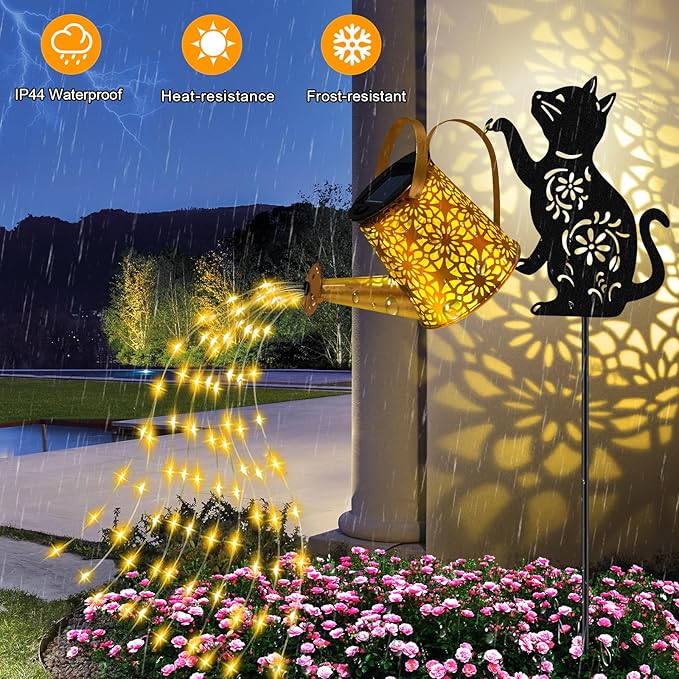 Solar Lights Outdoor Decorative Watering Can with Cascading Lights with Cat Silhouette Garden Stakes Waterproof Metal Garden Decor for Yard Art Outside Patio Lawn 2PACK