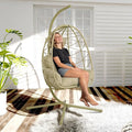 Hanging Egg Chair with Stand Outdoor Indoor Patio Rattan Swing Hammock Chairs with Washable Cushion PE Wicker Swing Chair for Backyard Bedroom Garden (Cyan + Cyan Cushion No Footrest)