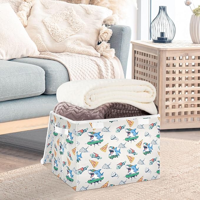 MNSRUU Containers Baskets with Lids Shark Skateboard Pizza Foldable Storage Bins Organizer with Lid Collapsible Storage Boxes for Home Bedroom Closet Office