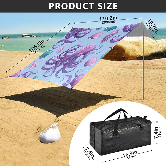 ALAZA Octopus Shell Beach Tent Sun Shelter UPF50+ Protection Beach Shade Canopy w/ 4 Sandbags for Outdoor Camping Fishing Backyard Fun Picnic 10x9 ft