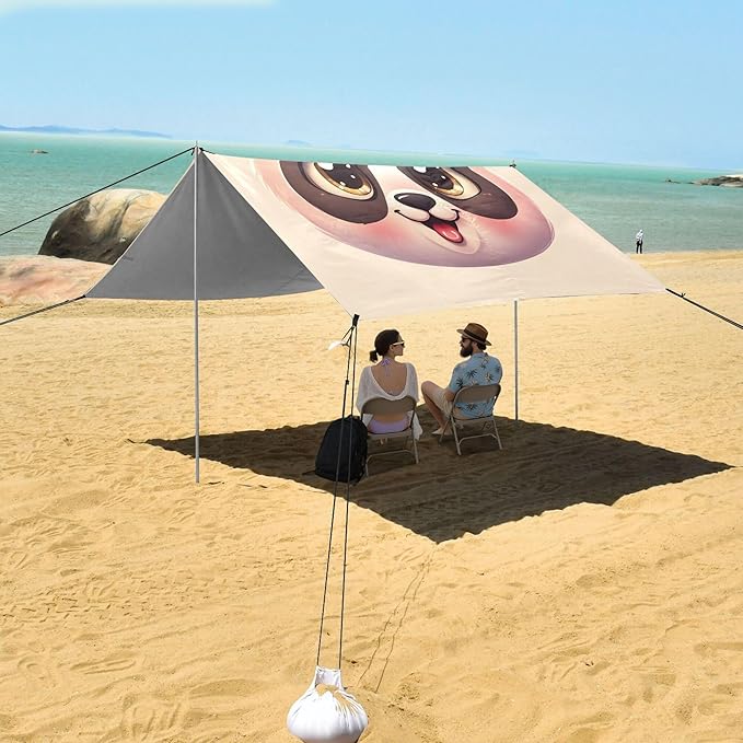 Panda Beach Canopy Sun Shelter with Sandbags &amp Sand Shovel &amp Windproof Ropes - Portable 110x126 Beach Shade Beach Tent for Camping Picnics