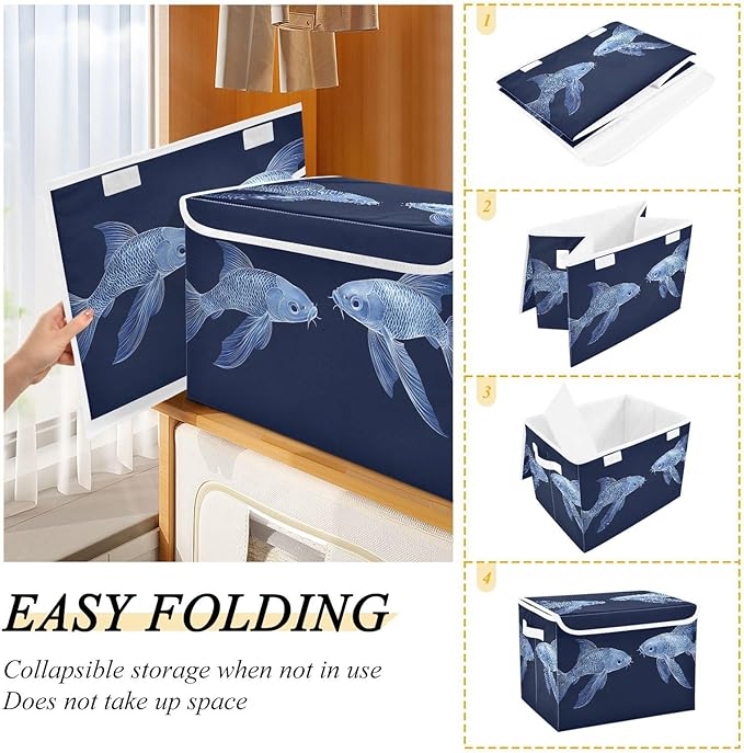 AIXIWAWA Lidded Storage Cube (Fishes Blue) Fabric Foldable Closet Bins with Flip Lid and Handles Organizer Basket Container 16.5 x 12.6 x 11.8 IN
