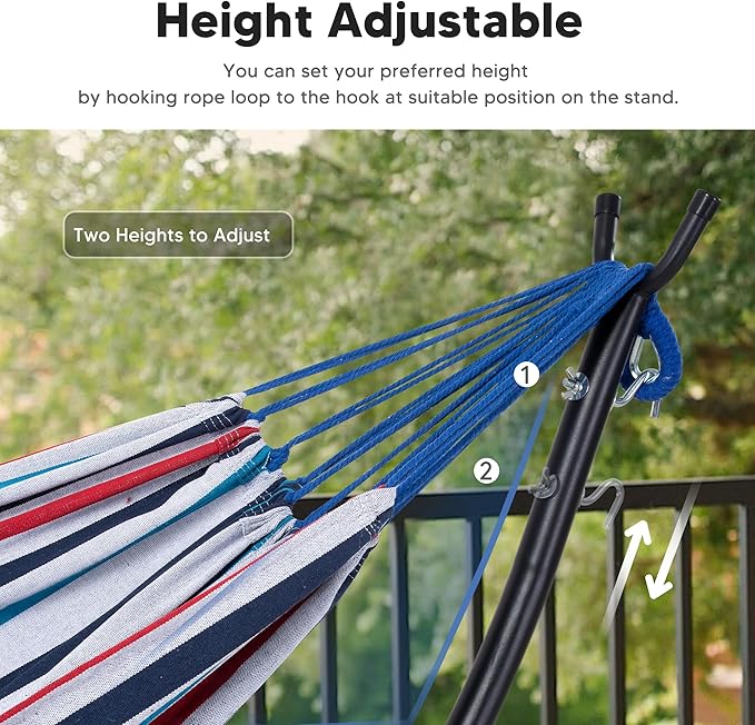 SUNCREAT Hammocks for Outside with Stand Porch Hammock and Stand 475 lbs Capacity Blue &amp Red Stripes