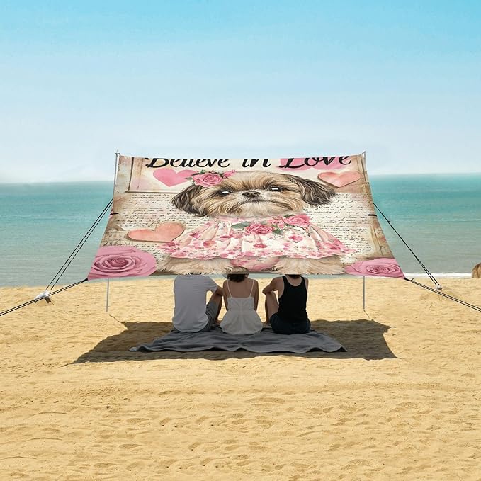 ALAZA Cute Shih Tzu Puppy Dog Beach Tent Sun Shelter UPF50+ Protection Beach Shade Canopy w/ 4 Sandbags for Outdoor Camping Fishing Backyard Fun Picnic 10x9 ft