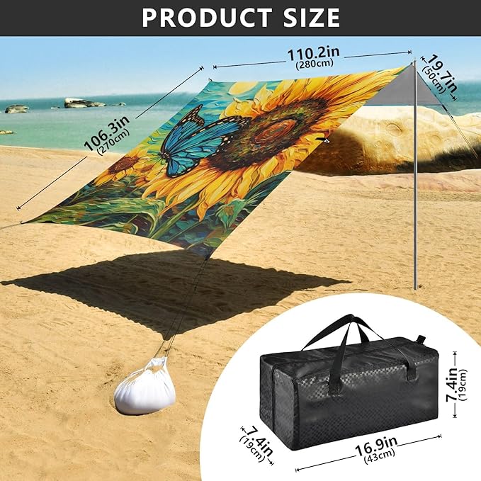 ALAZA Butterfly on Sunflower Beach Tent Sun Shelter Portable Canopy Sunshade for Outdoor Camping Picnics Backyard Fun 10x9 ft